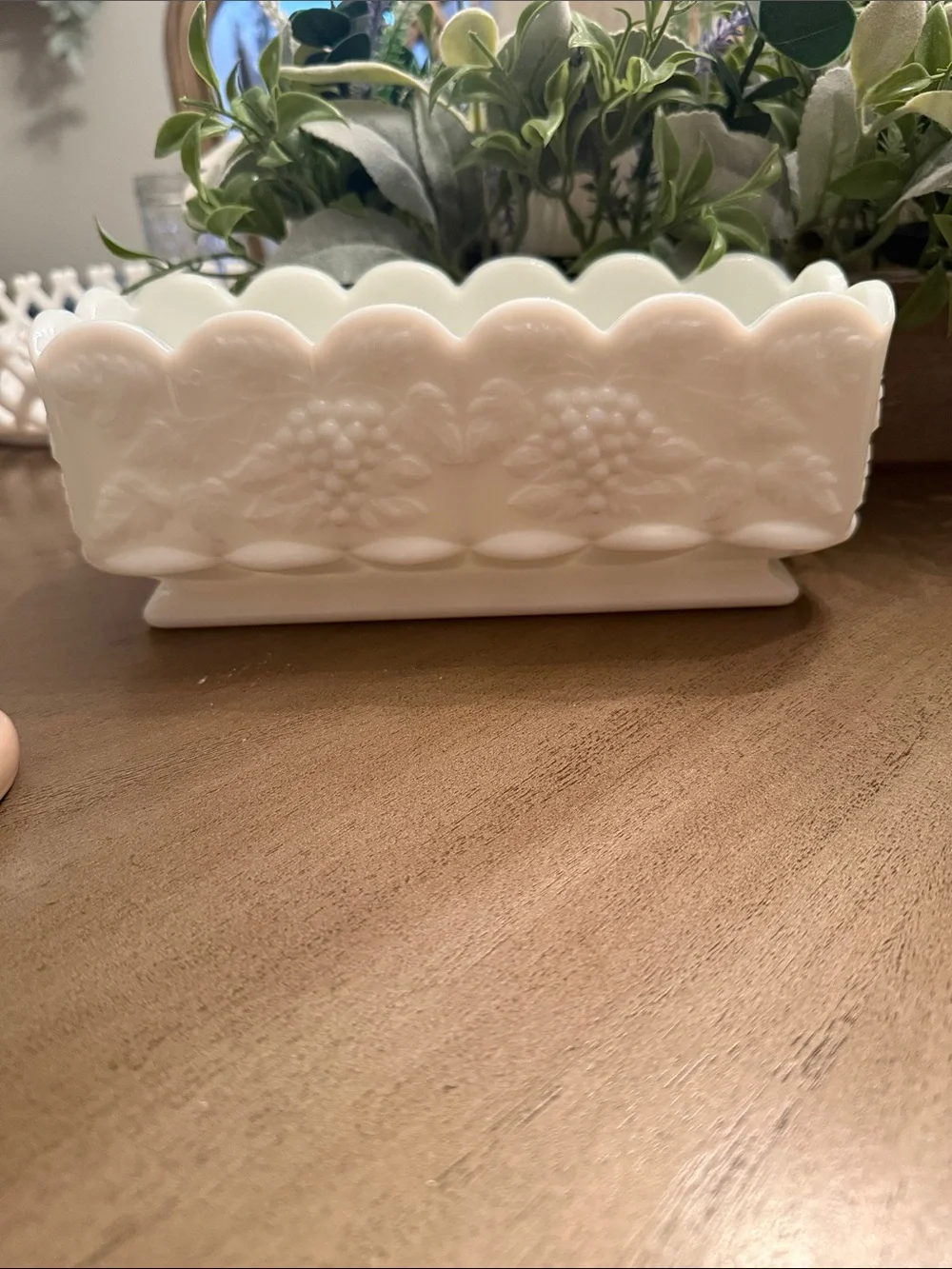 Westmoreland White Scalloped Milk Glass Planter with Grape Motif